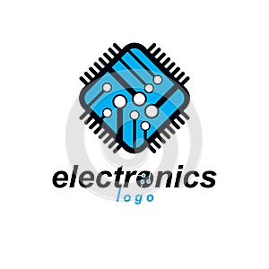 Vector technology cpu design with square microprocessor scheme. Computer circuit board, digital element.