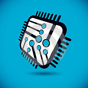 Vector technology cpu design with square microprocessor scheme. Computer circuit board, digital element. Technology microchip logo
