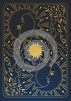 Vector template for the back side of the card game. Hand drawn pattern with two moons and sun