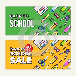 Vector template of back to school sale. School stationery icons and text. Sale poster in flat design style. photo