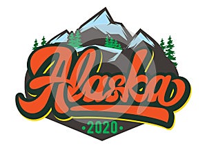 Vector template for badge with mountains and inscription - Alaska. Color illustration