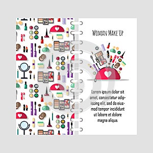 Vector template beauty store with cosmetic objects - mascara, gloss, eyeshadow, lipstick, cream, blush, perfume. Make-up