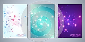 Vector template brochures or cover design, book, flyer, with molecules background and neural network. Abstract geometric