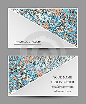 Vector template business card. Colorful doodle ornament.