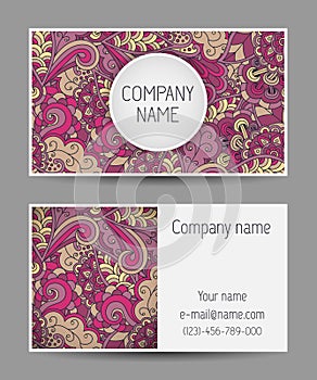 Vector template business card. Colorful doodle ornament.