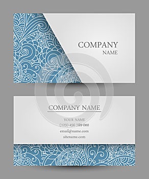 Vector template business card. Colorful doodle ornament.