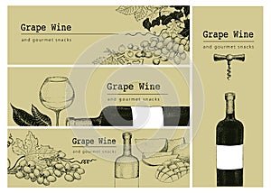 Vector template of card, label or banner background with hand drawn illustrations grape, wine bottlle and glass. Vintage