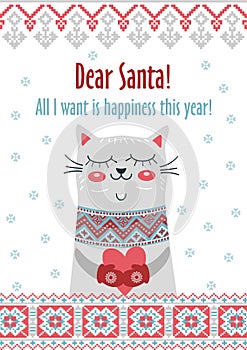 Vector template card Merry Christmas in traditional style with cute cat gift. New Years winter background holiday