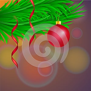 Vector template for christmas card with red glass tree ball and gold tinsel. Dark background with copy space. 3D illustration
