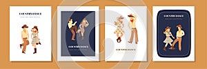 Vector template for concert poster or flyer with dancing country couple cowboy and cowgirl. Cheerful couple dancing western dance