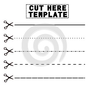 vector template cut here, with illustration of scissors silhouette and various line shapes