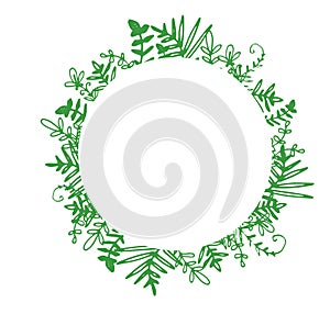 vector template of doodle twigs in green with an empty space inside in the form of a circle for text. floral wreath