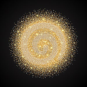 Vector template with golden sparkle glitter. Shining gold circle frame on black background