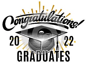 Vector template for graduation celebration in 2022 year. Element for design. Calligraphic inscription and diverging rays for