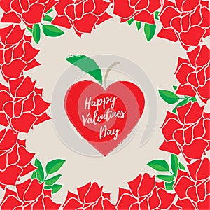 Vector template greeting card for Valentine's day. Square frame of red blossom rose flowers with green leafs. Fruit heart