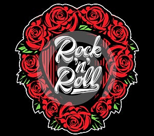 Vector template with guitar plectrum, calligraphic inscription and roses