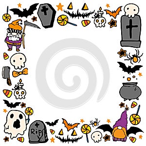 Vector template for Halloween. square frame of cartoon ghost, hat, pumpkin, skull, lollipops, bones, skull, candy, lollipops, bat