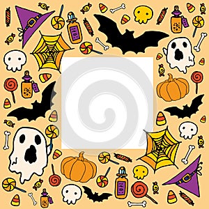 Vector template for Halloween. a square frame made of cartoon-style ghost, hat, pumpkin, skull, candy pop, bones, skull