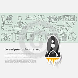 Vector template with hand drawn doodles business icons.