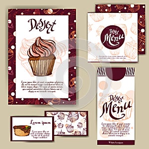 Vector template with hand drawn sketch bakery. Dessert menu design for reataurant or cafe. Cards with sweet bakery illustration.