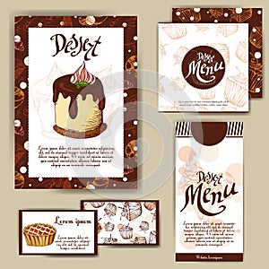 Vector template with hand drawn sketch bakery. Dessert menu design for reataurant or cafe. Cards with sweet bakery illustration.