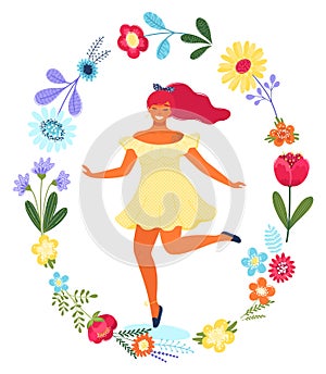 Vector template with happy woman in the flower circle. Modern flat colorful vector illustration.