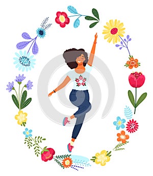 Vector template with happy woman in the flower circle. Modern flat colorful vector illustration.