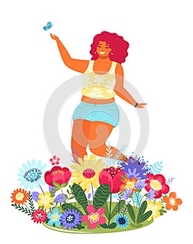 Vector template with happy woman and flowers. Modern flat colorful vector illustration. Young pretty girl surrounded by