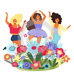 Vector template with happy women and flowers. Modern flat colorful vector illustration.