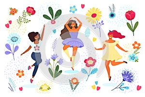 Vector template with happy women and flowers. Modern flat colorful vector illustration. Young pretty girls with