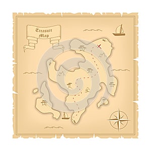 Vector Template of Pirate old Treasure Map. Illustration of Vintage Paper Stylized Manuscript