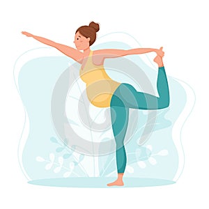 Vector template, pregnant woman doing yoga or gymnastics, dandayamana dhanurasana pose