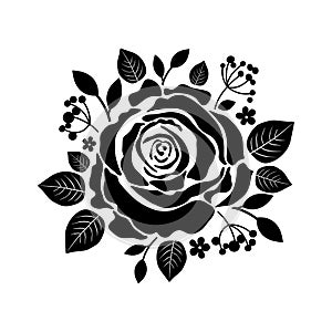 Vector template roses. Black silhouette of rose with leaves.