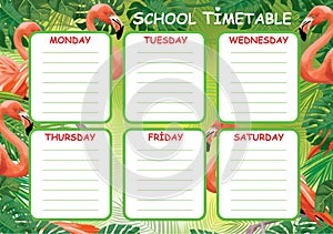 Vector template school timetable, pink flamingo, tropical design