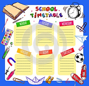 Vector Template School timetable for students and pupils. Illustration includes many hand drawn elements of school supplies. Schoo