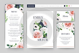 Vector template set. Elegant editable floral invite, save the date, place card, details, menu. Stylish invitation design. Watercol