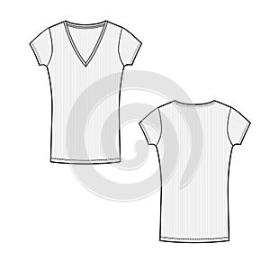 Vector template with short sleeve and v neck line t shirt technical sketch of front and back part