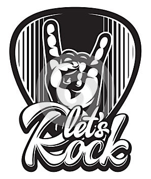 Vector template with stylish design of guitar plectrum with hand and Calligraphic inscription Lets Rock