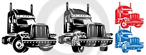 Vector template with a trailer for long trips. Truck driver theme. Color and monochrome illustrations