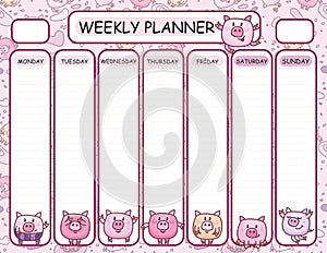 Vector template weekly planner.  Funny piglets  cartoons design