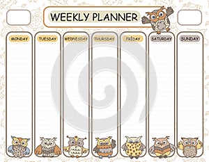 Vector template weekly planner. Owls cartoons design