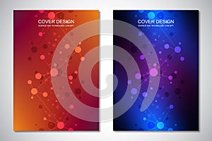Vector templates for cover or brochure, with molecules background and neural network. Abstract geometric background of