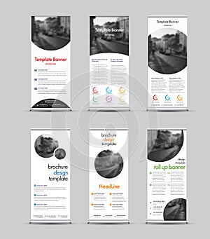 Vector templates of white roll-up banners with round and semicircular design elements for the photo.