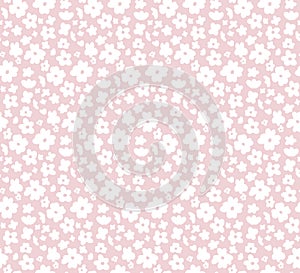 Vector tender seamless ditsy pattern. Romantic texture with small white flowers on a pink background. Simple floral cottagecore