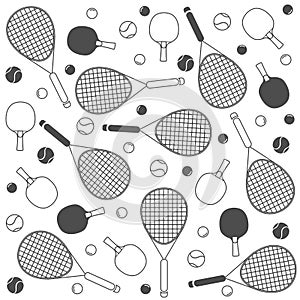 Vector Tennis rackets and balls in gray. Sport equipment, fitness concept. Tennis and table tennis.