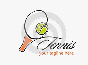 Vector Tennis Sport logo Design Template. Tennis Emblem Championship.  Tennis racquet with green ball shape concept