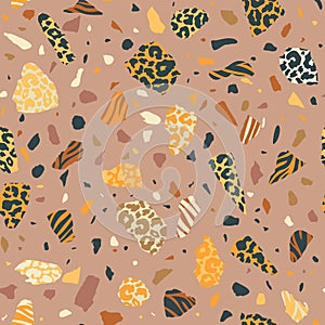 Vector Terrazzo Wild Animal seamless pattern mix. Abstract stone with leopard texture, tiger, zebra prints. Geometric