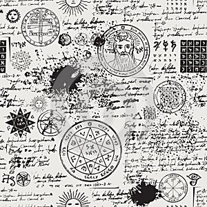 Seamless pattern, manuscript with occult symbols
