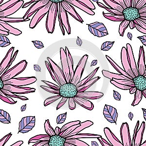 Vector textured painted flower seamless pattern background with hand drawn elements