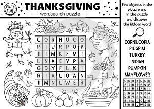 Vector Thanksgiving black and white wordsearch puzzle for kids. Simple line autumn camp crossword with traditional symbols. photo